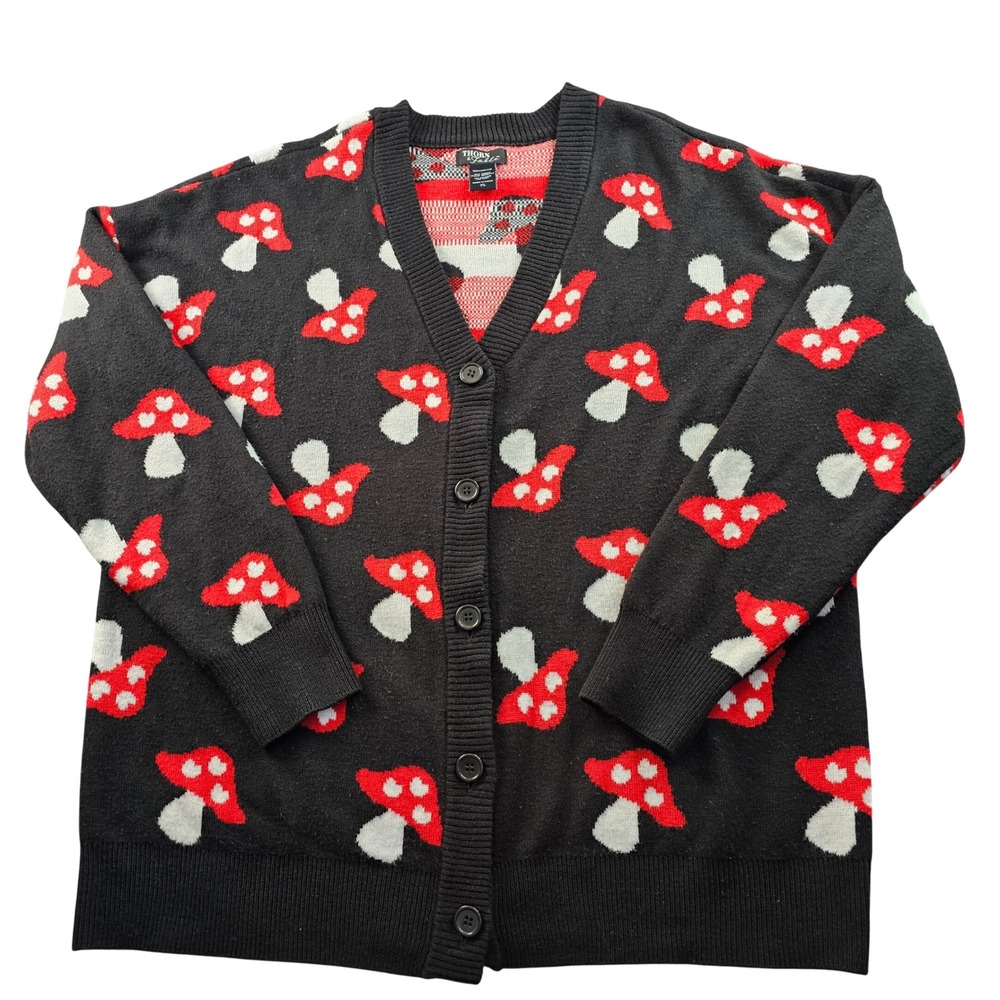 Thorn & Fable Cardigan Sweater Womens XL Black Mushroom Print Knit Button Front